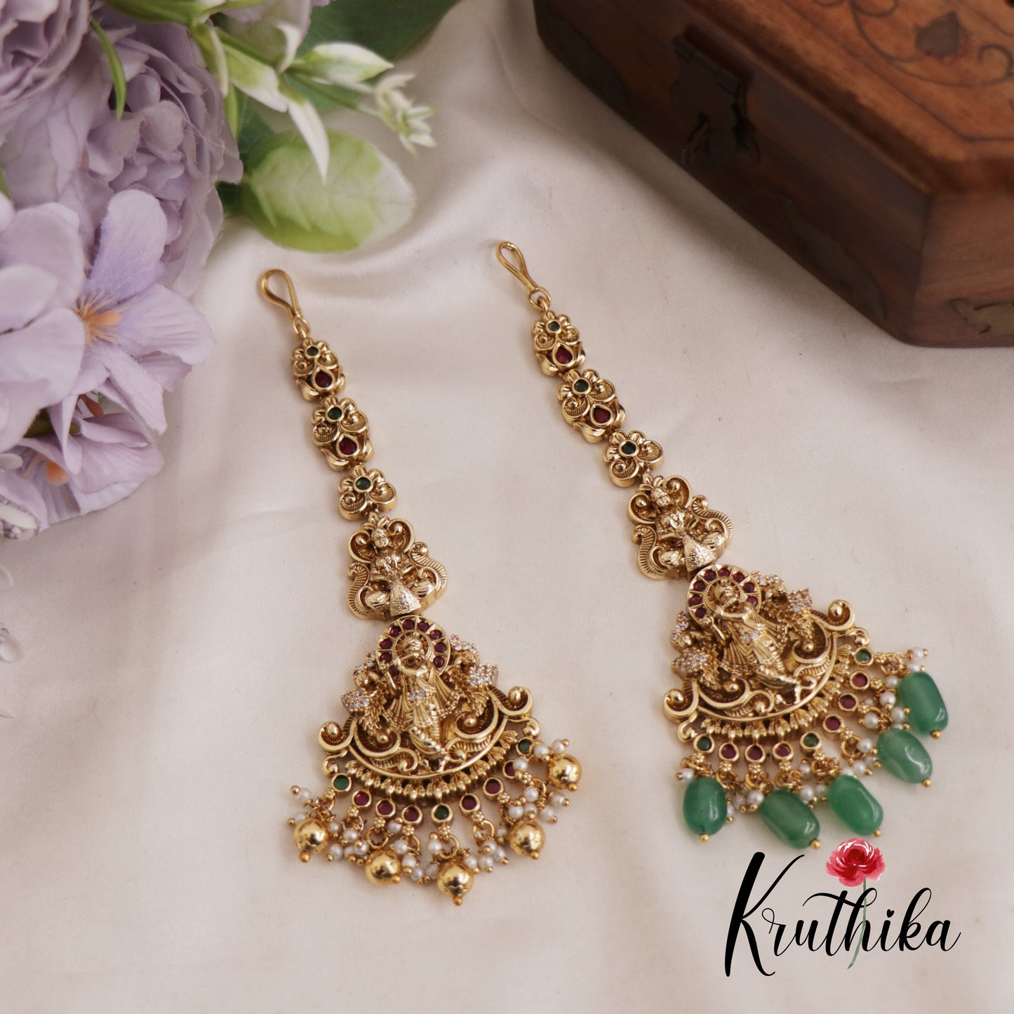 Beautiful Krishna Motifs Maang Tikka With Pearl And Bead Drops MT331 (Available In 2 Colors)