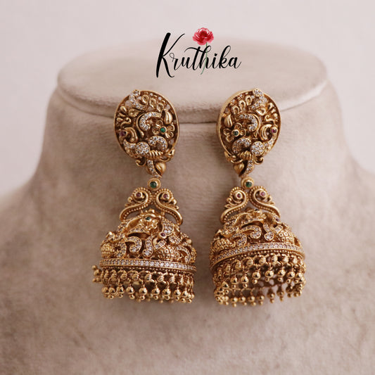 Gorgeous Peacock Design Jhumkas with Golden Beads E508