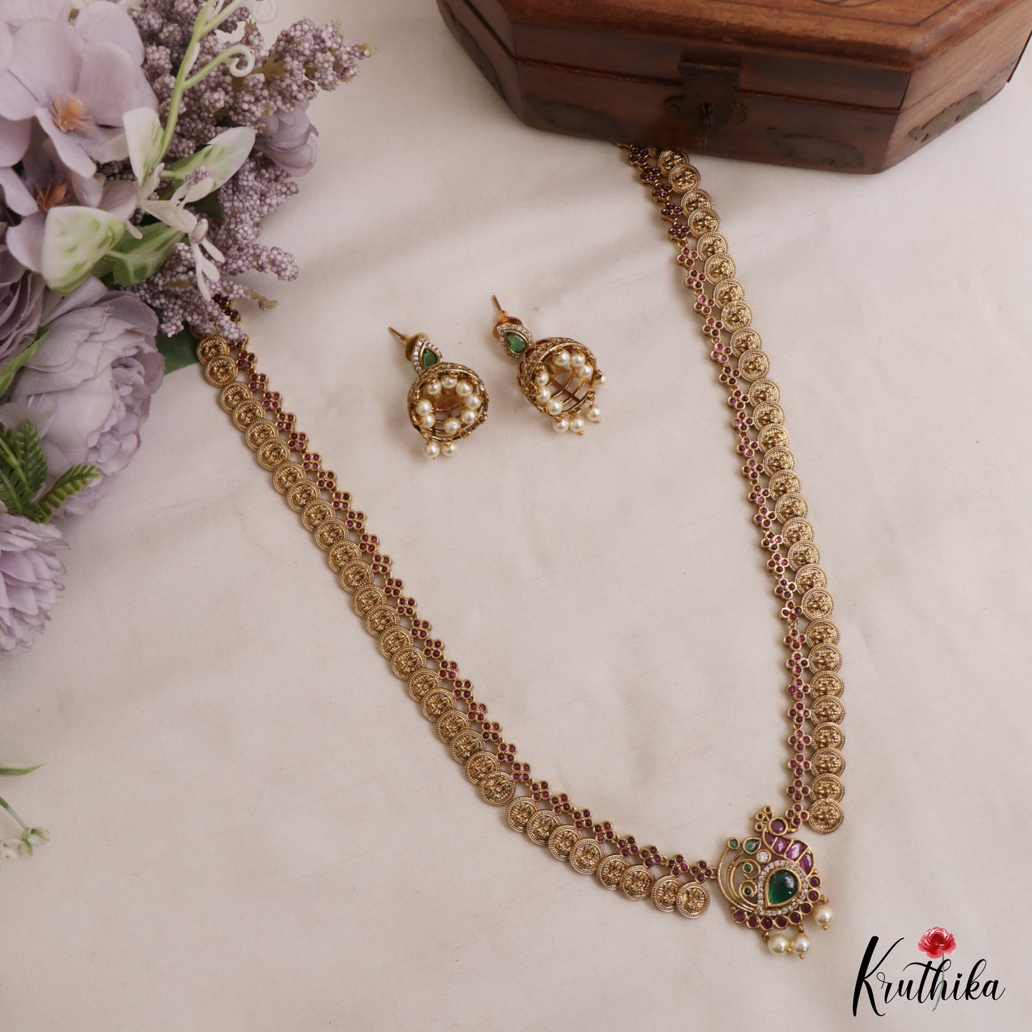 Beautiful Antique Peacock Lakshmi Kasu Haaram With Pearl Drops LH2120