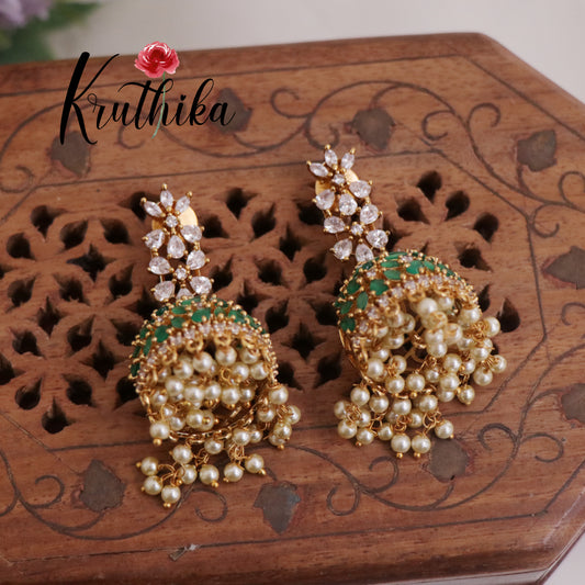 Beautiful CZ Sparkling Floral Pearl Jhumka Earrings E707 (Available in 2 colours)