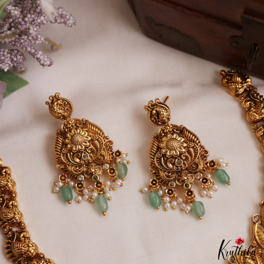 Gorgeous Antique Floral Peacock Motifs Necklace With Coral And Green Bead Drops NC3034