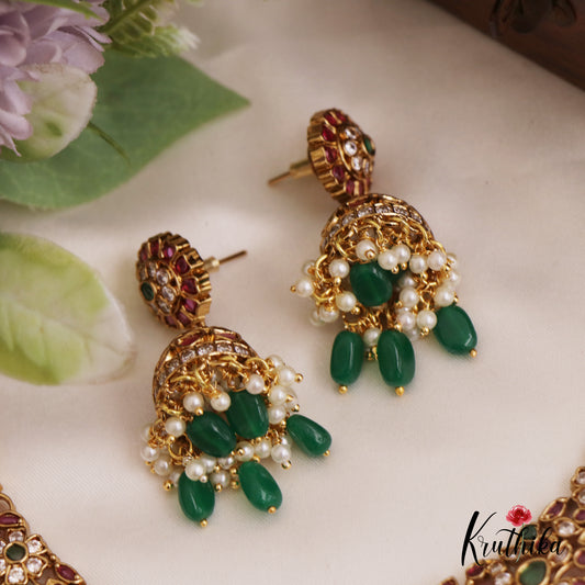 Premium Peacock Motifs Jadau Necklace With Green Bead Drops NC2749