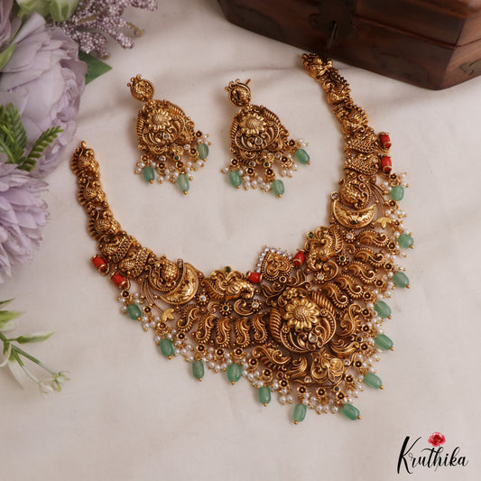 Gorgeous Antique Floral Peacock Motifs Necklace With Coral And Green Bead Drops NC3034