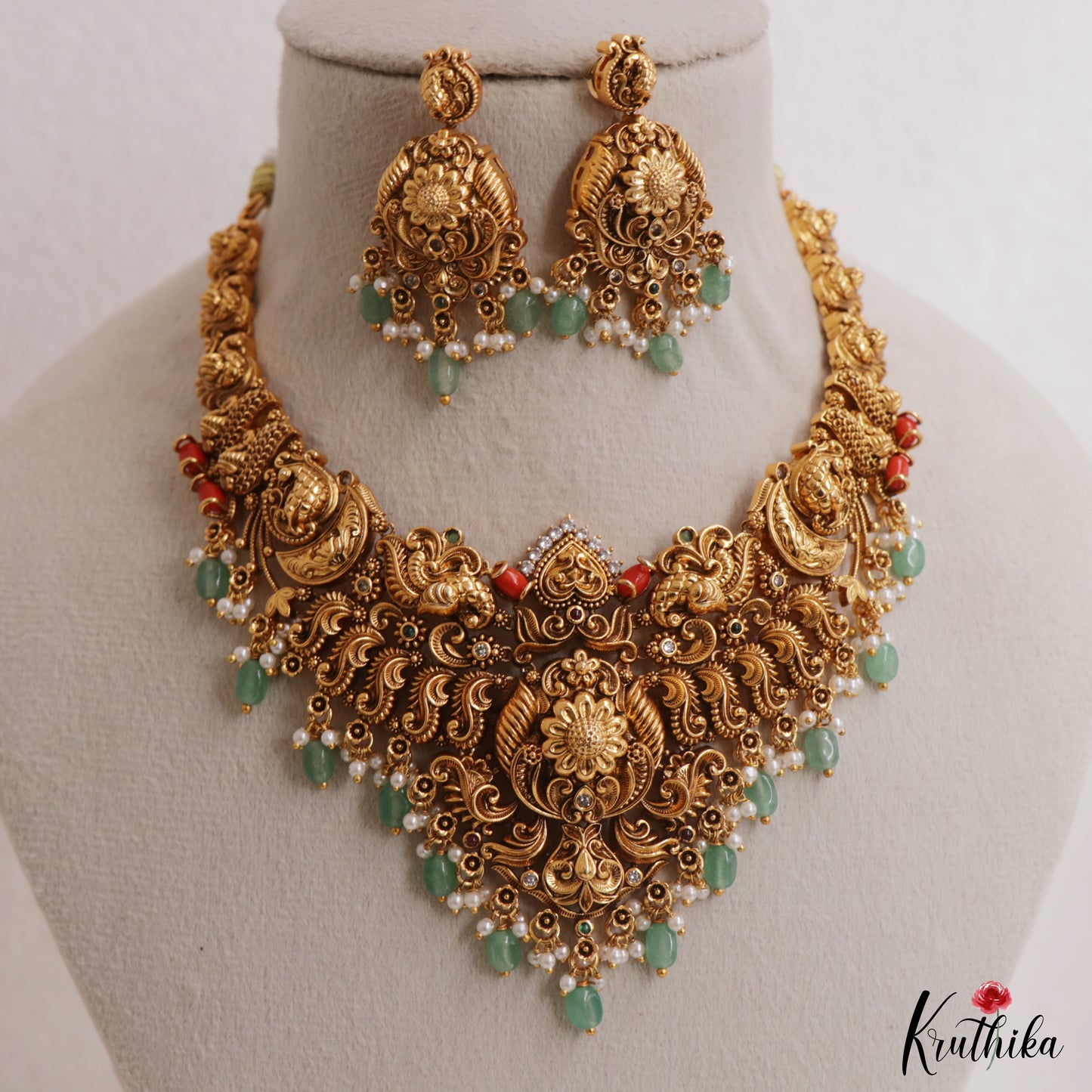 Gorgeous Antique Floral Peacock Motifs Necklace With Coral And Green Bead Drops NC3034