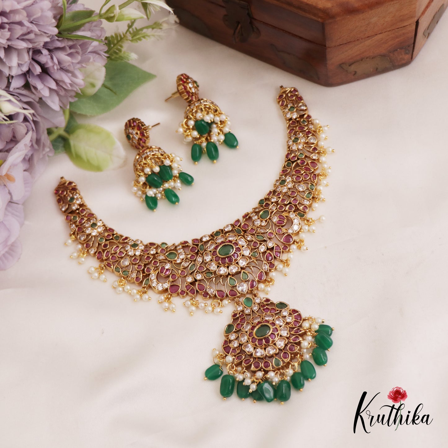 Premium Peacock Motifs Jadau Necklace With Green Bead Drops NC2749