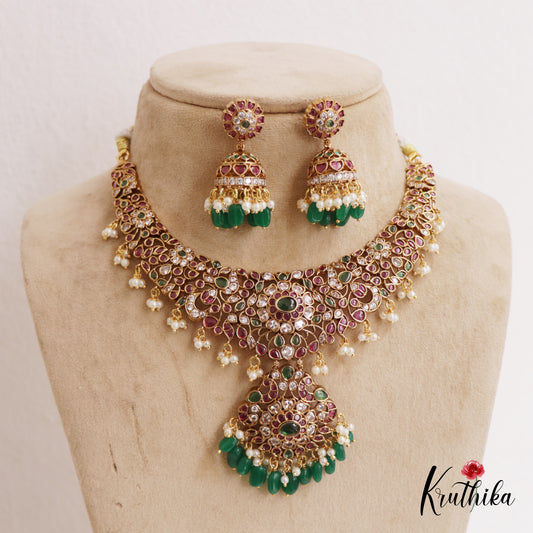 Premium Peacock Motifs Jadau Necklace With Green Bead Drops NC2749