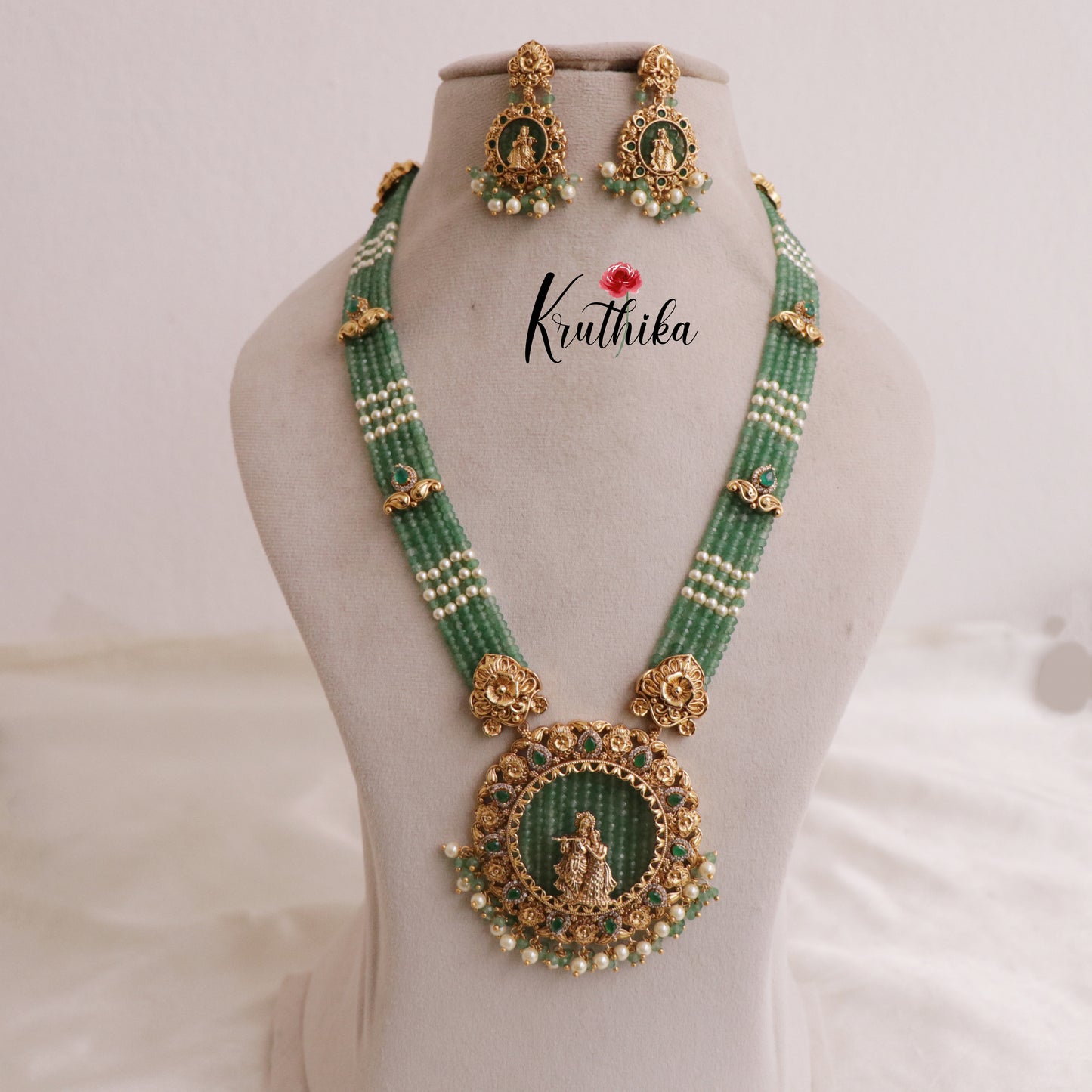 Gorgeous green beads Radha Krishna Haaram LH1844