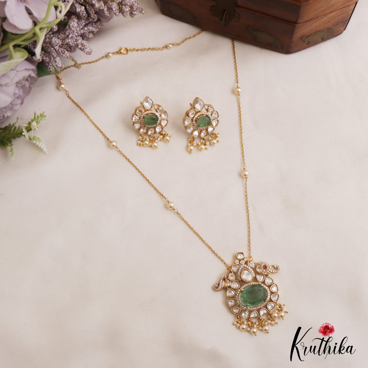 Sparkling Elephant Motifs Polki Victorian Pendant Chain Set LH2107 (Available In 4 Colors)