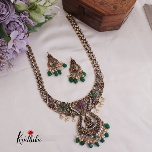 Royal Antique Victorian Kundan Lakshmi Pendant Necklace with Green Beads Drops LH1979