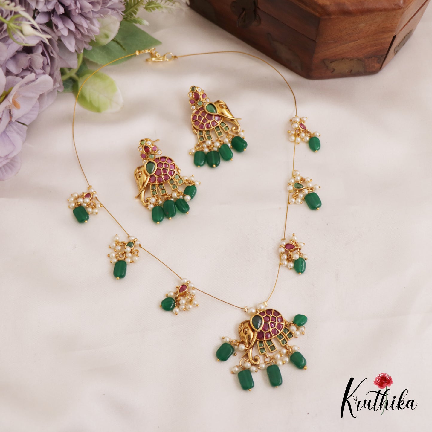 Classic Elephant Motifs Jadau Invisible Chain With Green Bead Drops NC2741