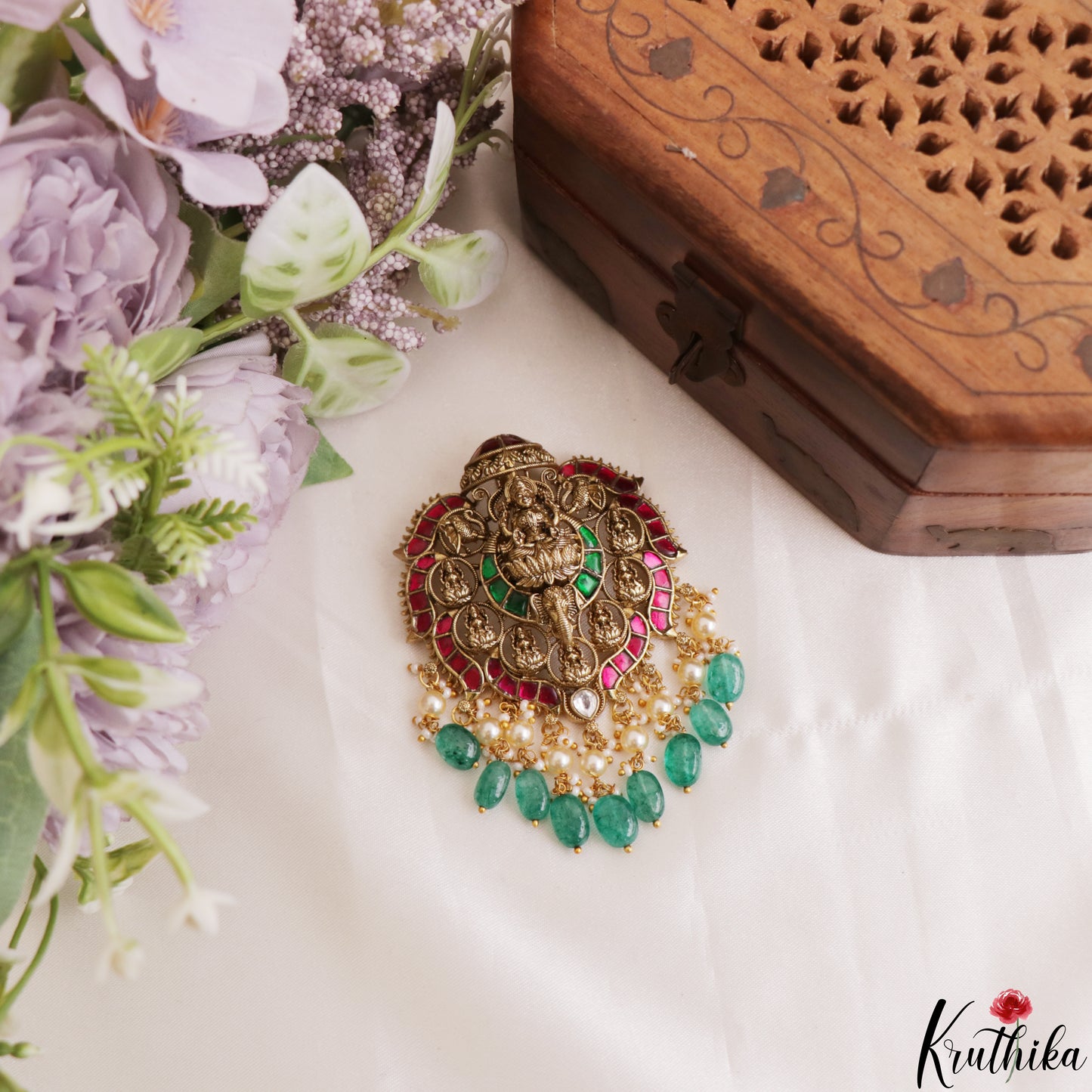 Premium Antique Nagas Lakshmi Motifs Jadau Pendant With Green Bead Drops PS304