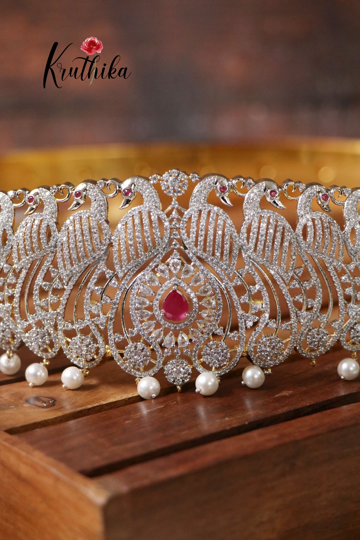 Sparkling American Diamond Gold finish Ruby Hip belt V168