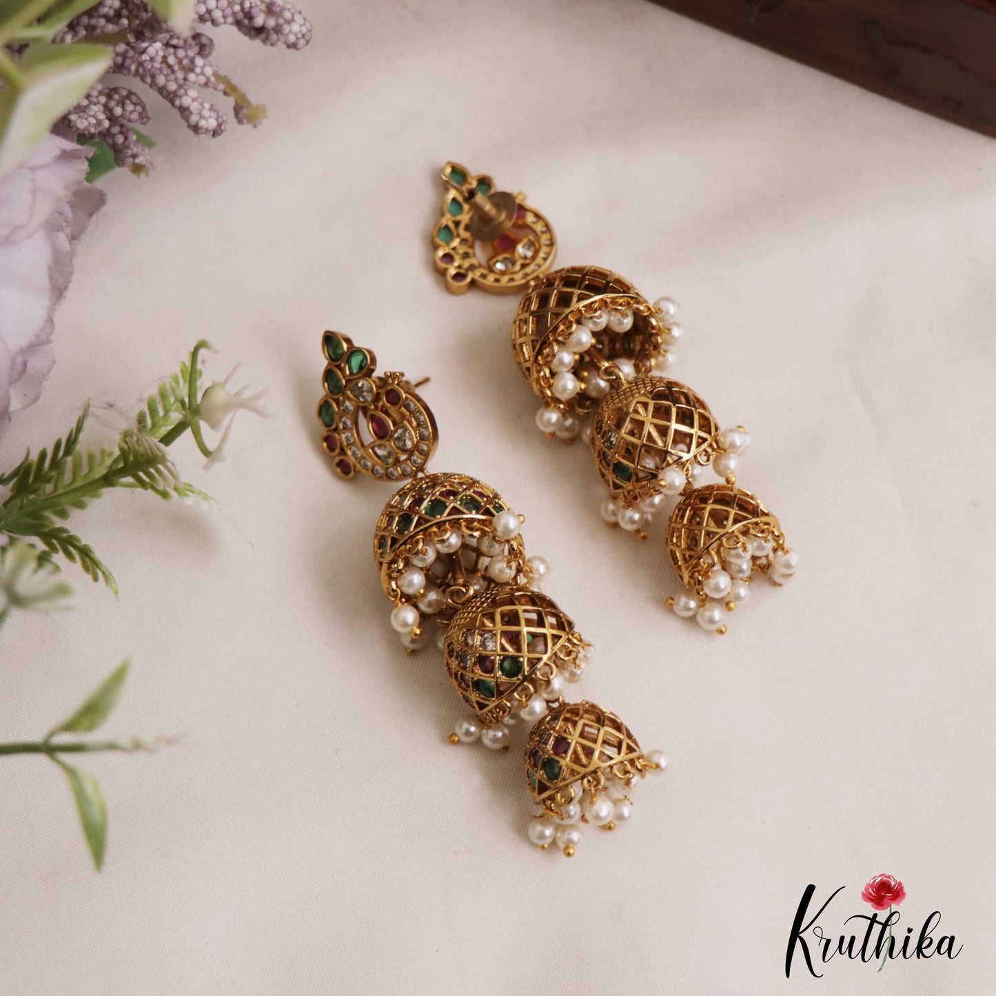 Stunning Peacock Motifs Three Tier Jhumkas With Pearl Drops E1137