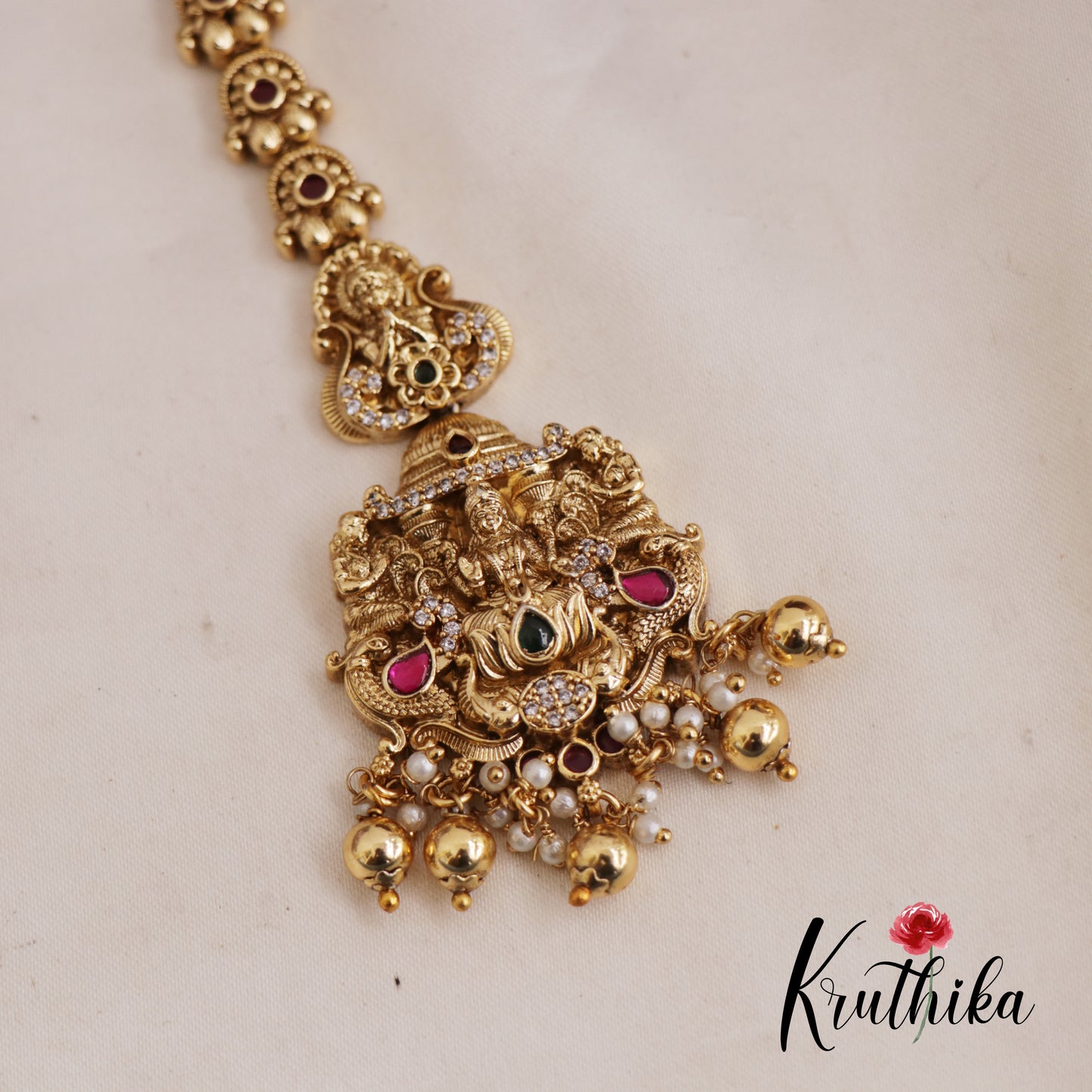 Beautiful Antique Lakshmi Maang Tikka With Pearl And Bead Drops MT319 (Available In 2 Colors)