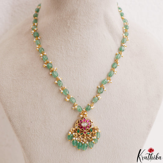 Pretty Floral Motifs Green Bead Mala With Jadau Pendant NC3197