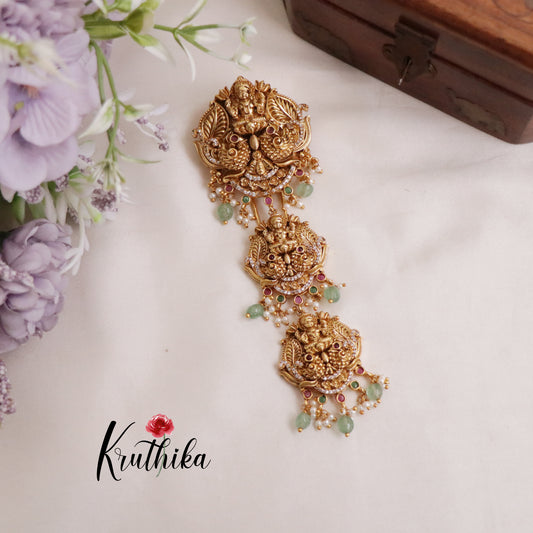 Grand Temple Lakshmi Jada Billa with Pastel Green Bead Drops J156