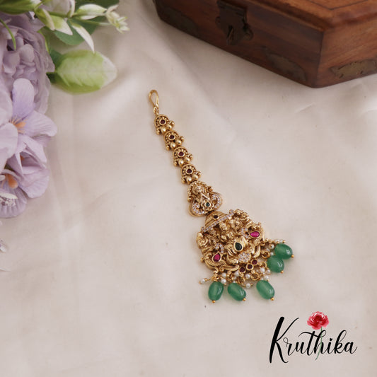 Beautiful Antique Lakshmi Maang Tikka With Pearl And Bead Drops MT319 (Available In 2 Colors)