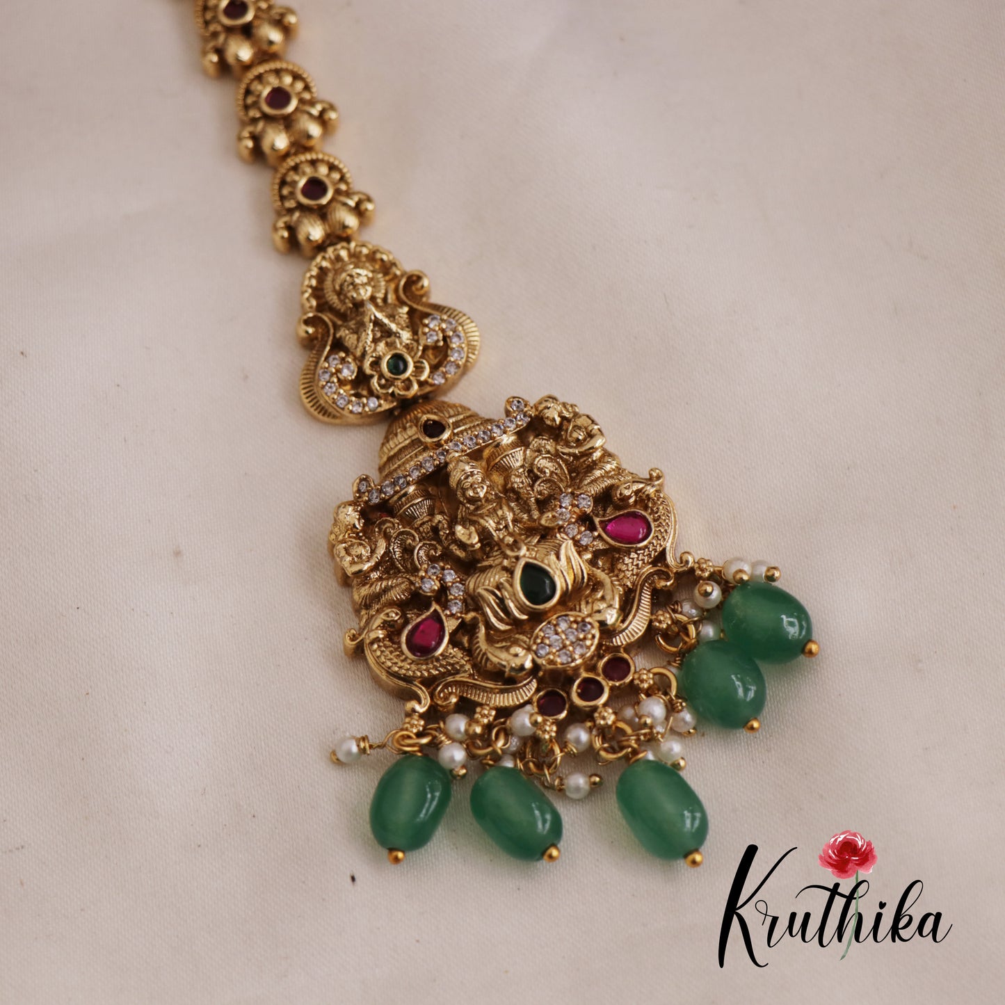 Beautiful Antique Lakshmi Maang Tikka With Pearl And Bead Drops MT319 (Available In 2 Colors)