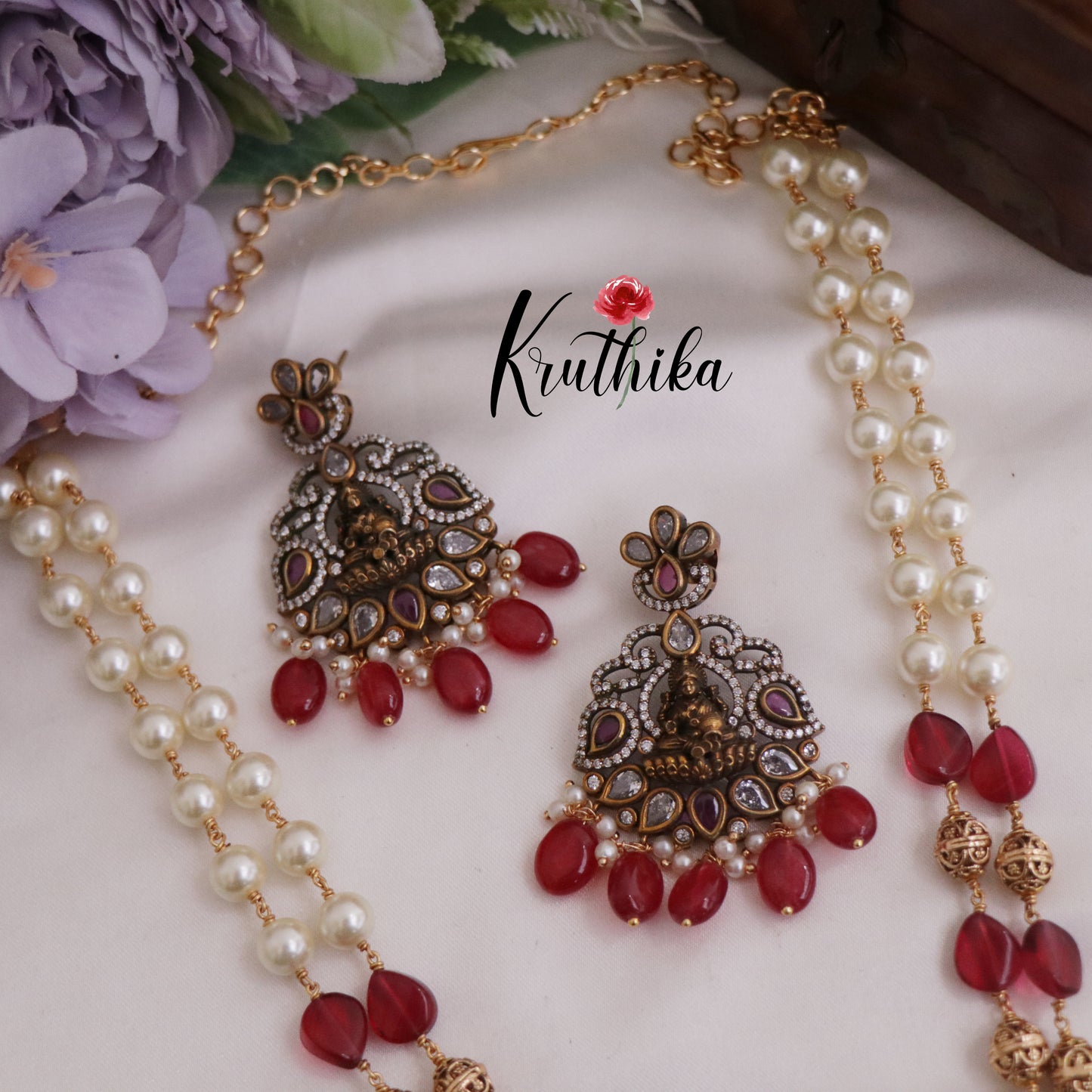 Trendy Temple Lakshmi Pearl Long Haaram with Beads Drops LH1978