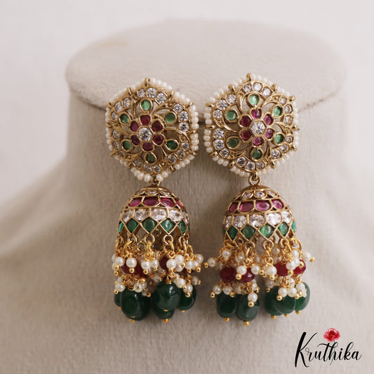 Pretty Floral Motifs Kemp Jhumkas With Green Bead Drops E1136