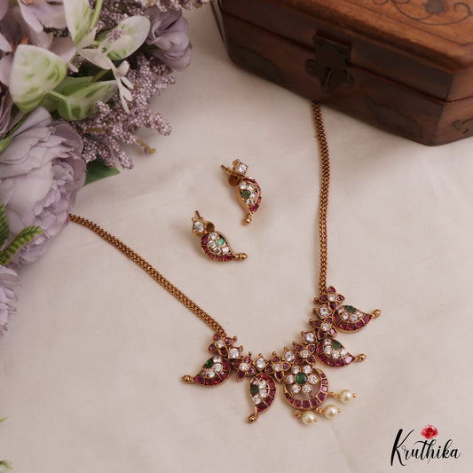 Classic Floral Mango Motifs Jadau Necklace With Pearl Drops NC3035