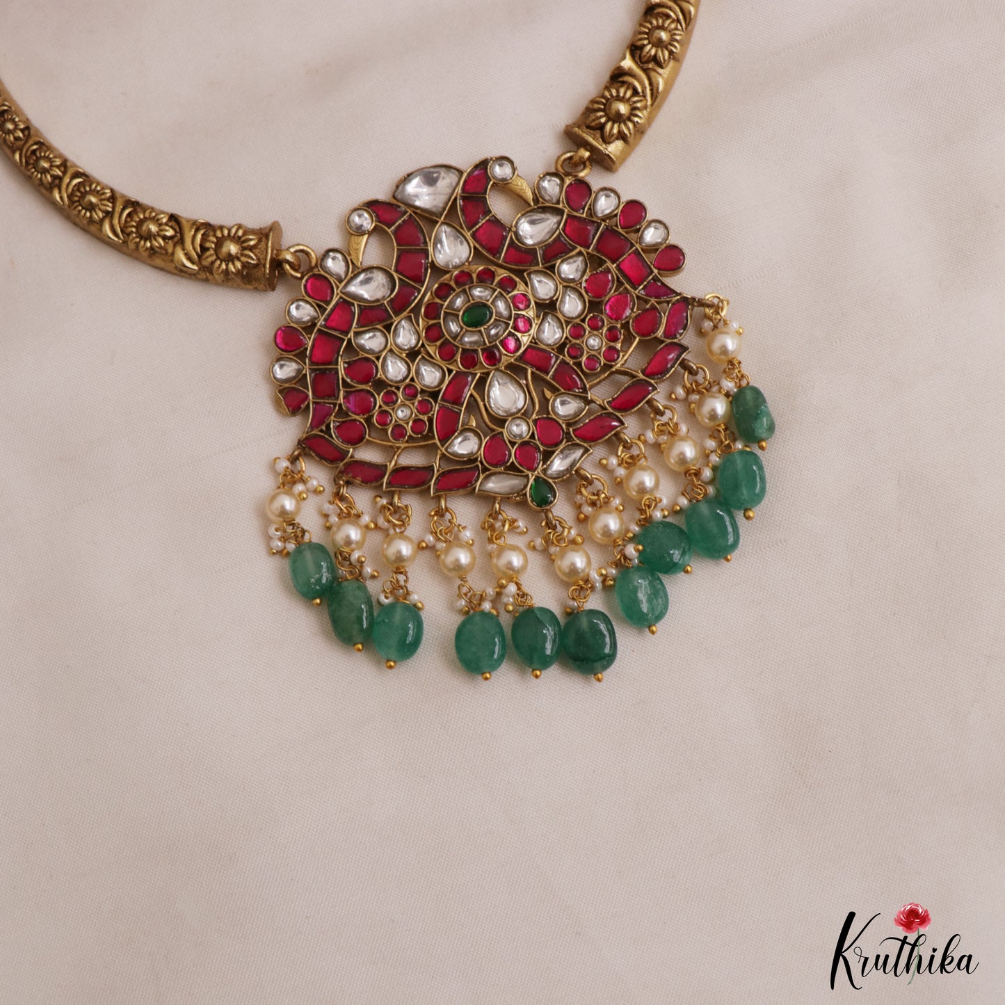 Stunning Antique Floral Peacock Motifs Hasli Jadau Necklace With Green Bead Drops NC3036