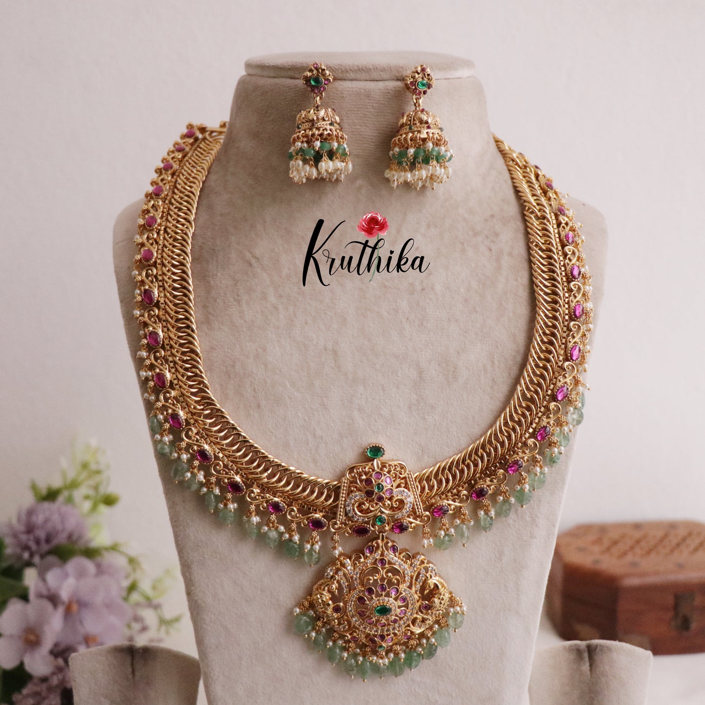Grand Jadau Peacock Jalebi style Haaram with Mint Beads LH1899