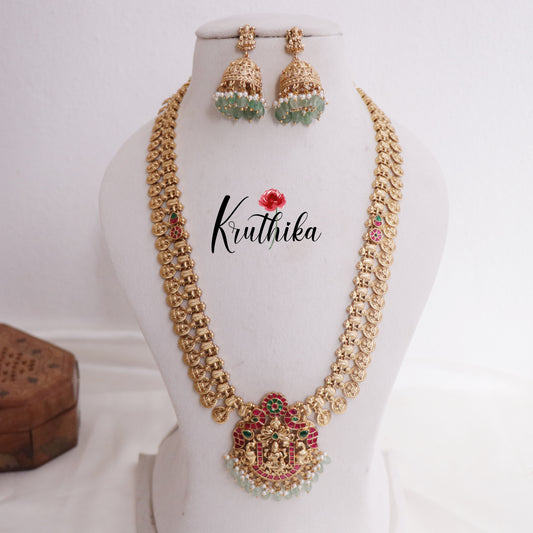 Beautiful Temple Lakshmi Jadau Kasu Haaram with Pastel Green Beads Drops LH1673 (Available in 2 Colours)