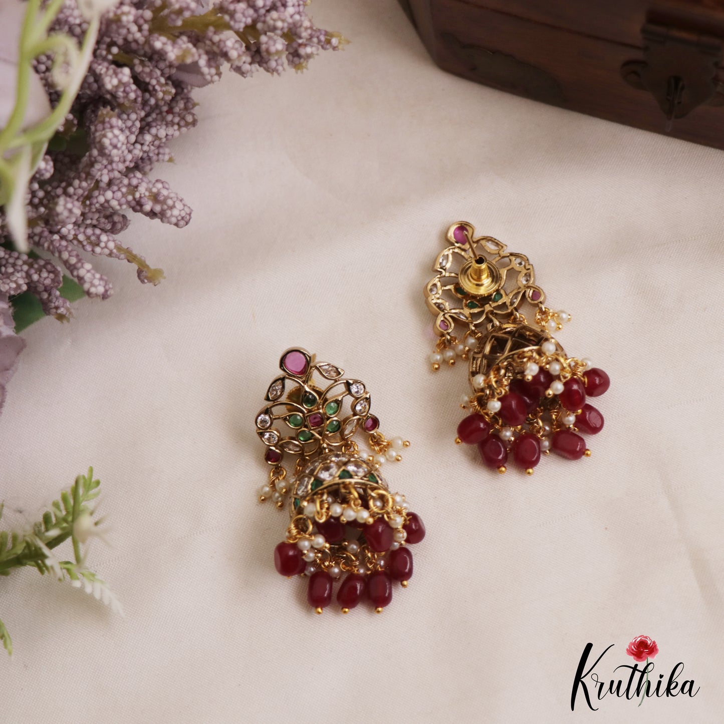 Classic Leaf Motifs Kemp Jhumkas With Pearl Bead Drops E1129 (Available In 2 Colors)