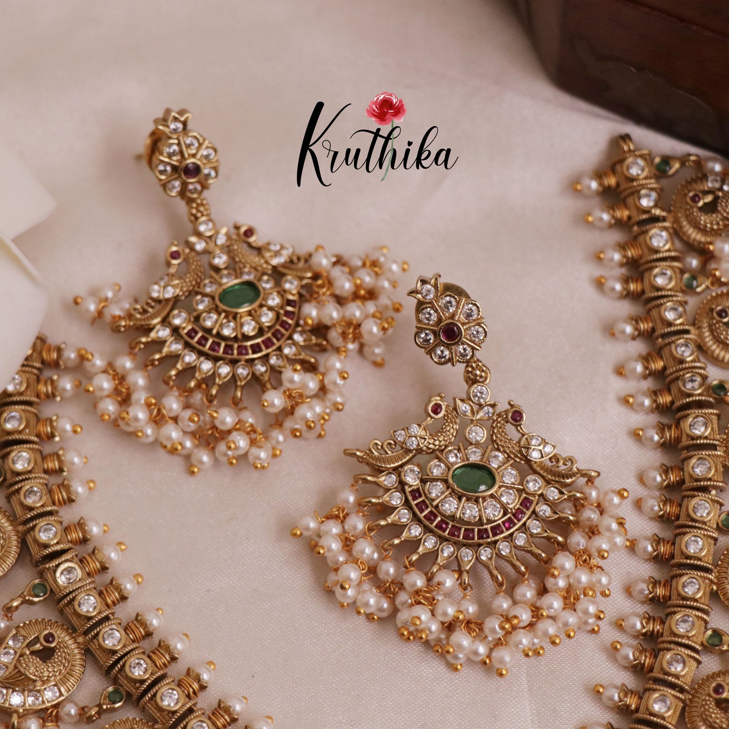 Elegant Peacock Guttaposalu Necklace with Pearl Drops NC1944