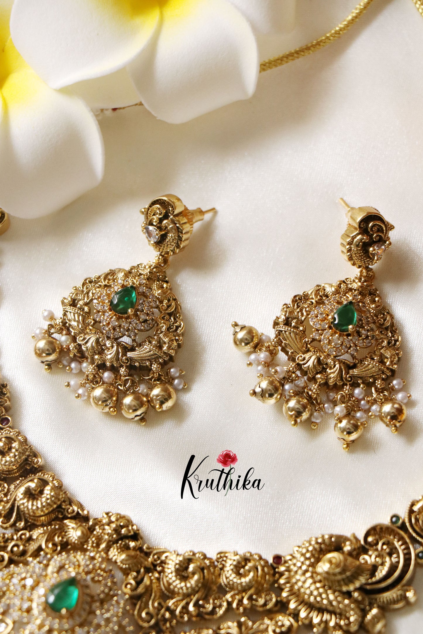 Designer Premium Polish AD Peacock Necklace golden beads NC1240