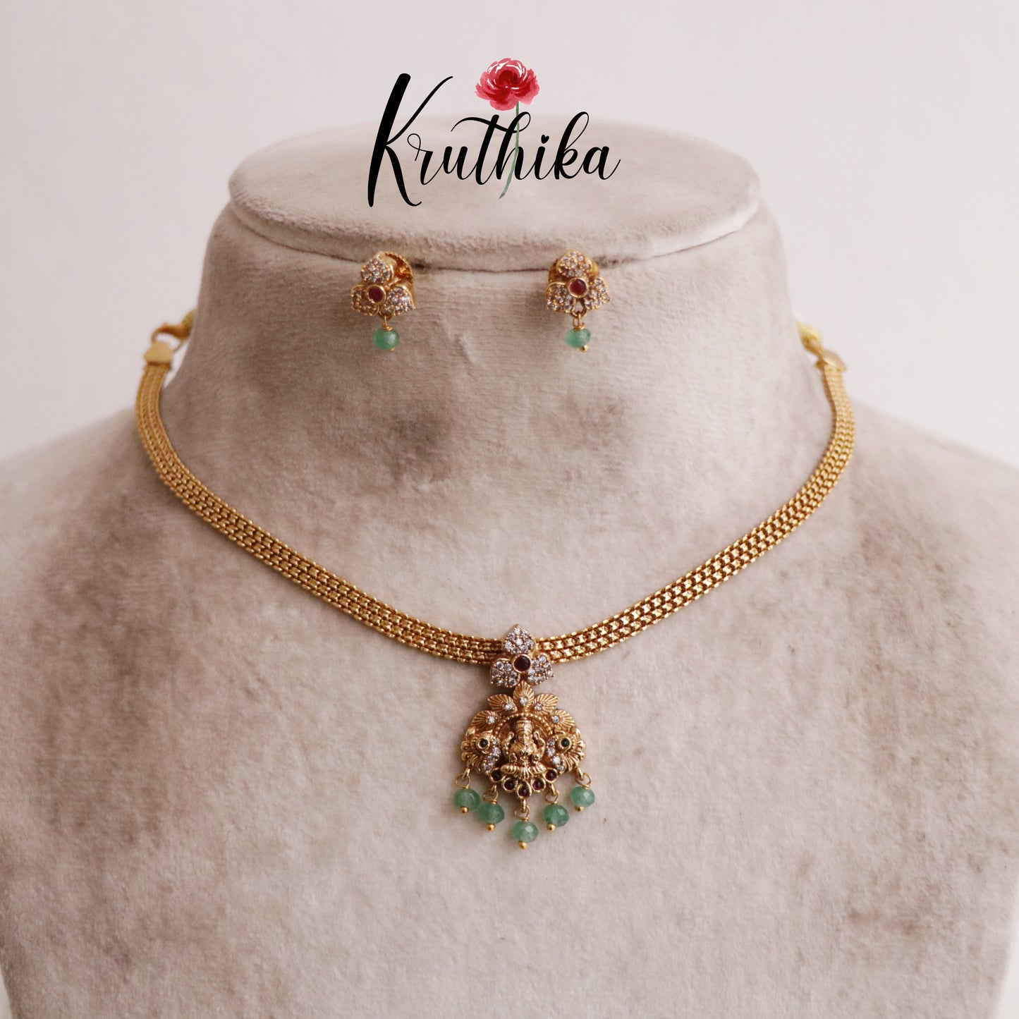 Simple Lakshmi Pendant with Pastel Green Beads Necklace Set NC2069