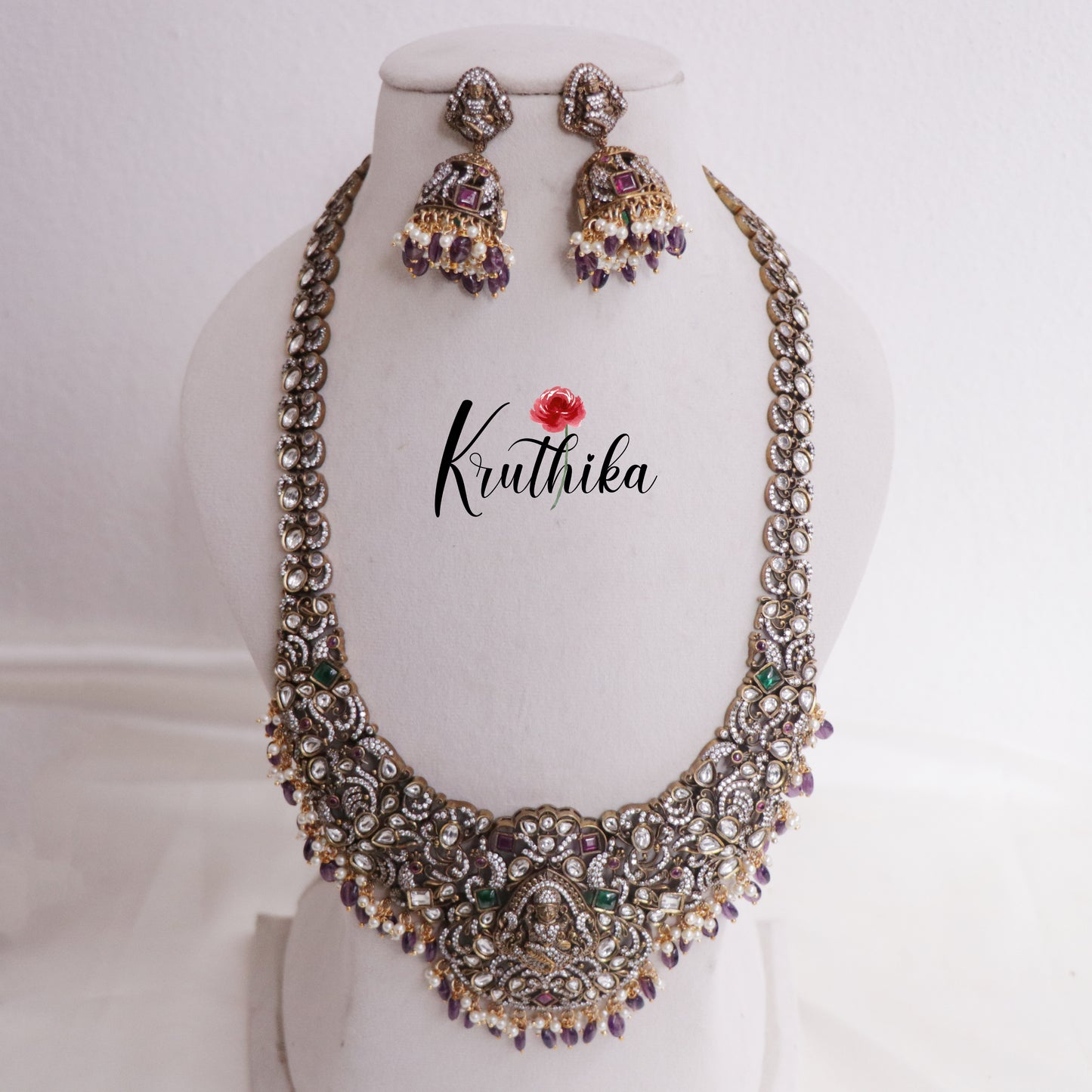 Grand Antique Victorian Finish Lakshmi Haaram with Purple Beads Drops LH1980