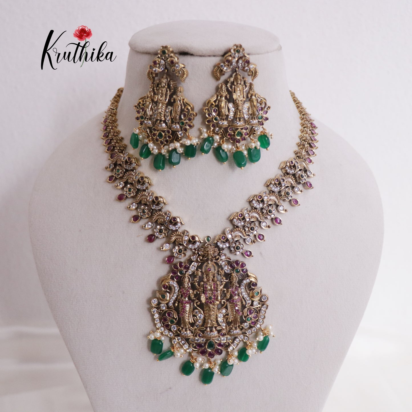 Elegant Antique Victorian Finish Lakshmi Narayana Necklace with Green Beads Drops NC2369