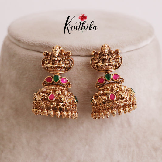 Royal Lakshmi Antique Jadau Jhumkas with Golden Beads E522