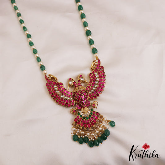 Premium Reversible Gandaberunda Jadau Pendant Haaram With Green Beads Drops LH2058