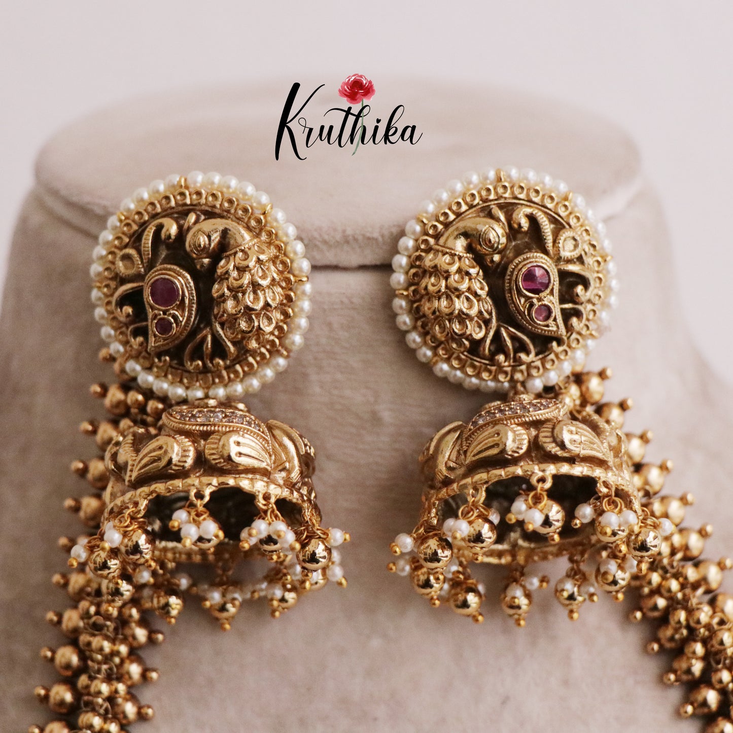Premium Peacock Jhumkas with cluster Golden Maatilu (earchains) E521