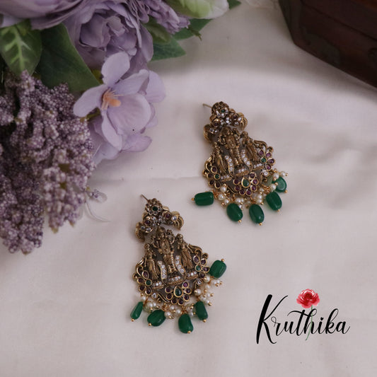 Elegant Antique Victorian Finish Lakshmi Narayana Necklace with Green Beads Drops NC2369