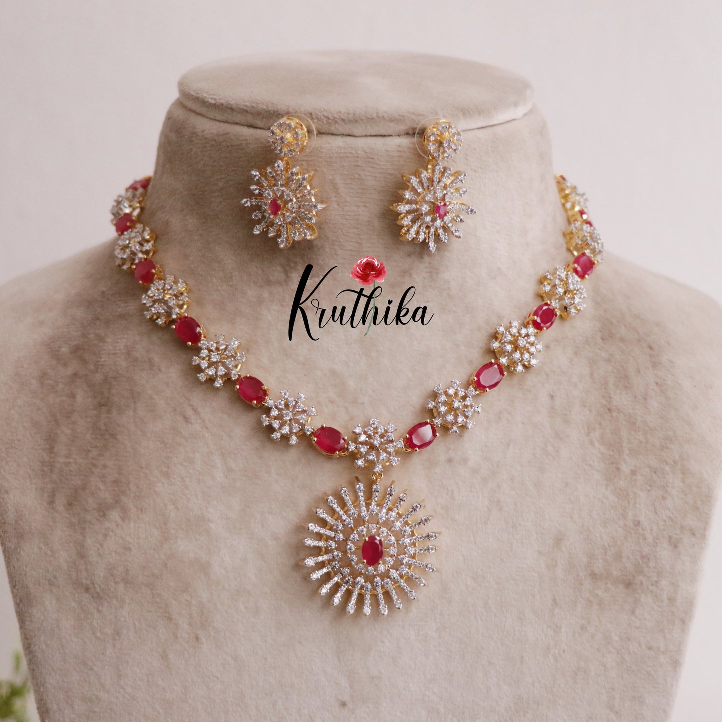 Elegant Flower Design Red Zircon Spark Diamond Set NC2073