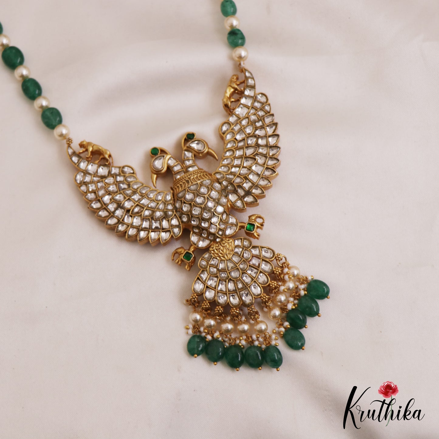 Premium Reversible Gandaberunda Jadau Pendant Haaram With Green Beads Drops LH2058