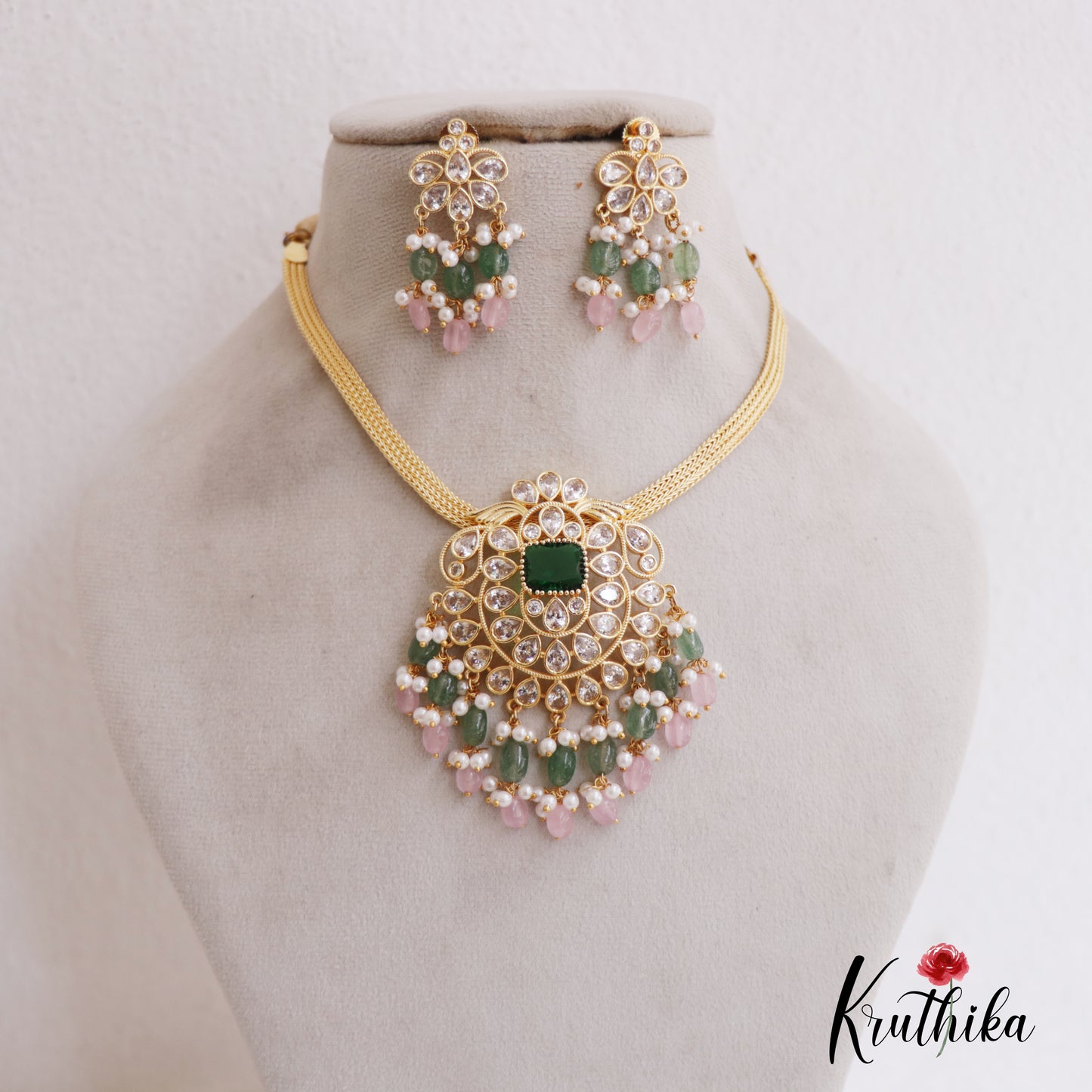 Pretty AD Teardrop Pendant Chain Set With Green Bead Drops NC2671
