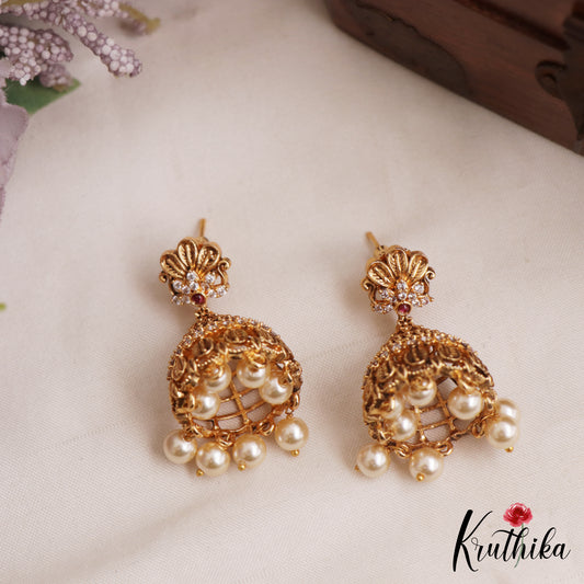 Elegant Floral Leaf Motifs Jhumkas With Pearl Drops E1160