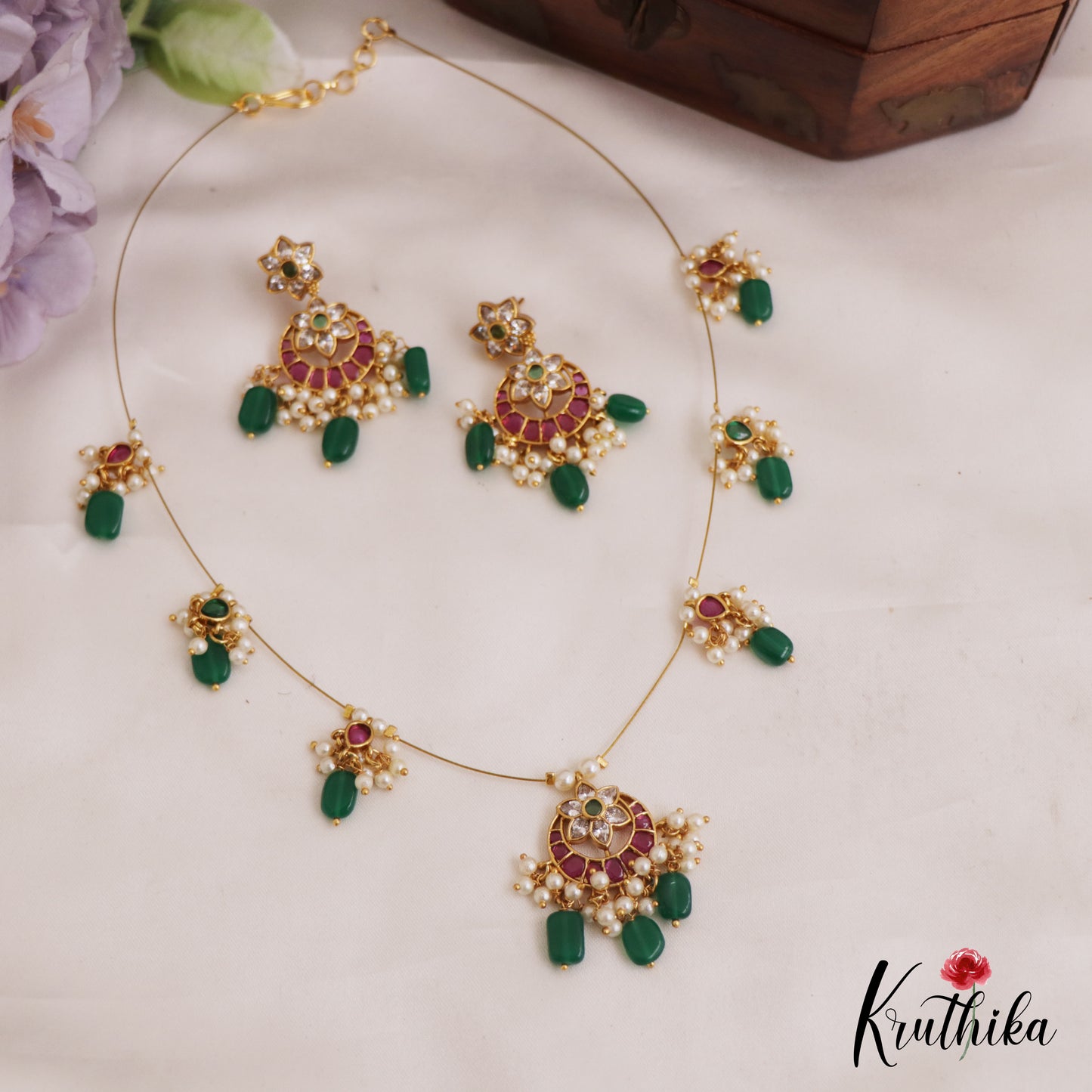 Beautiful Floral Motifs Chandbali Jadau Invisible Chain With Green Bead Drops NC2788