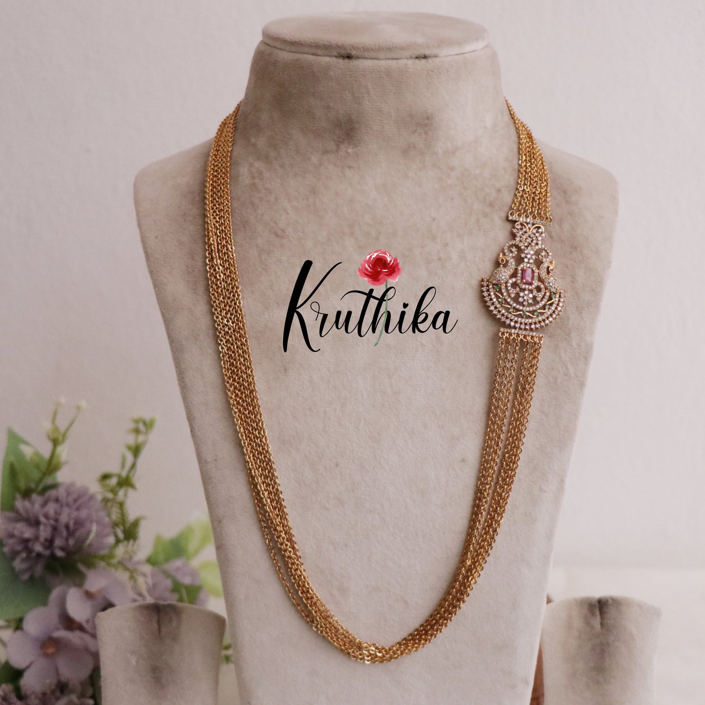 Trendy Four Layer Ruby Vintage Chandra Multi Stone Haaram with Side AD Pendant LH1909