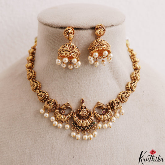Classic Antique Lakshmi Motifs Choker With Pearl Drops NC3196