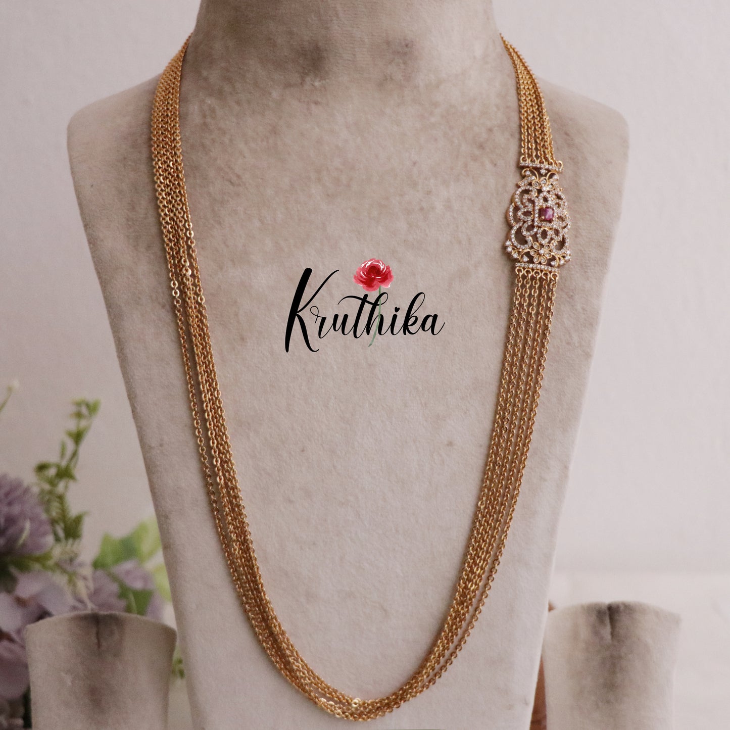 Pretty Four Layer Ruby Vintage Chandra Haaram with Side AD Pendant LH1907