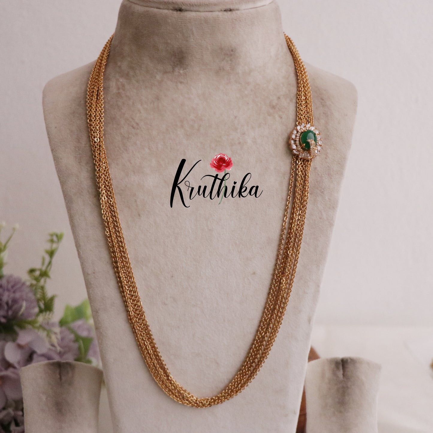 Elegant Four Layer Emerlad Vintage Chandra Multi Stone Haaram with Side AD Pendant LH1910