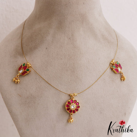 Trendy Floral Motifs Jadau Invisible Chain With Pink Bead Drops NC2996