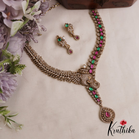 Sparkling Elephant Motifs CZ Victorian Necklace NC3052 (Available In 2 Colors)