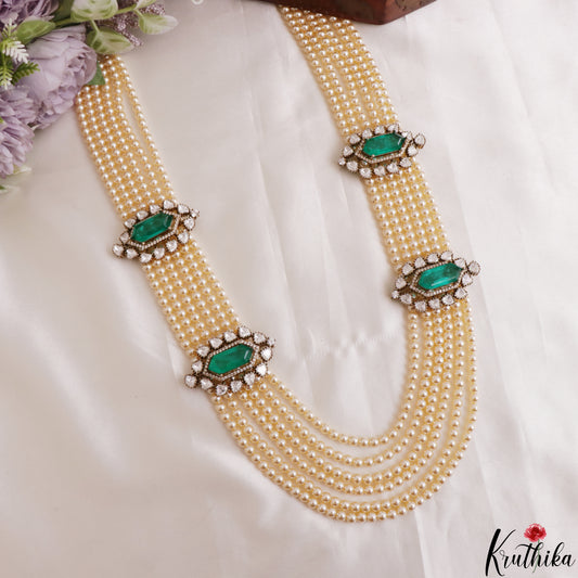 Stunning Multi Layered Pearl Haaram With Polki CZ Victorian Geometric Accents LH2191